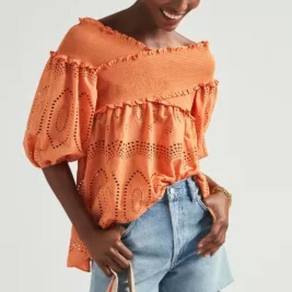 Orange Anthropologie Eyelet Smocked Blouse Top (NWT) - Picture 2 of 4